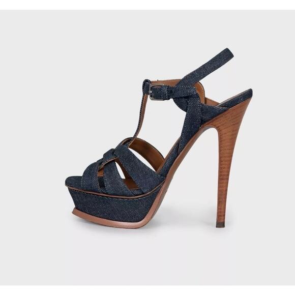 YSL Yves Saint Laurent Denim High Heel Sandals, Size 35 - Picture 1 of 5